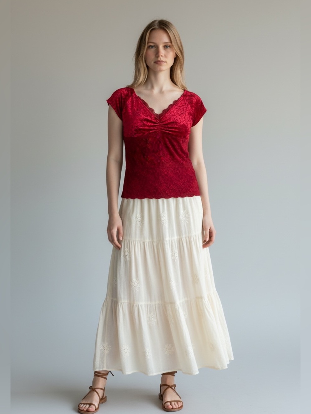NWT Leo & Nicole Women Medium Cranberry Red Velvet Lace V-Neck Blouse Top